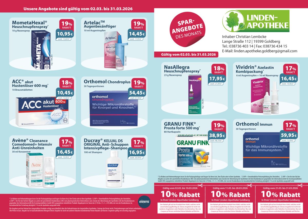 Monatsangebote der Linden-Apotheke Monatlicher Angebotsflyer der Apotheke mit Informationen zu Öffnungszeiten, Leistungen, Aktionen und wechselnden Produkten aus Gesundheit und Pflege.