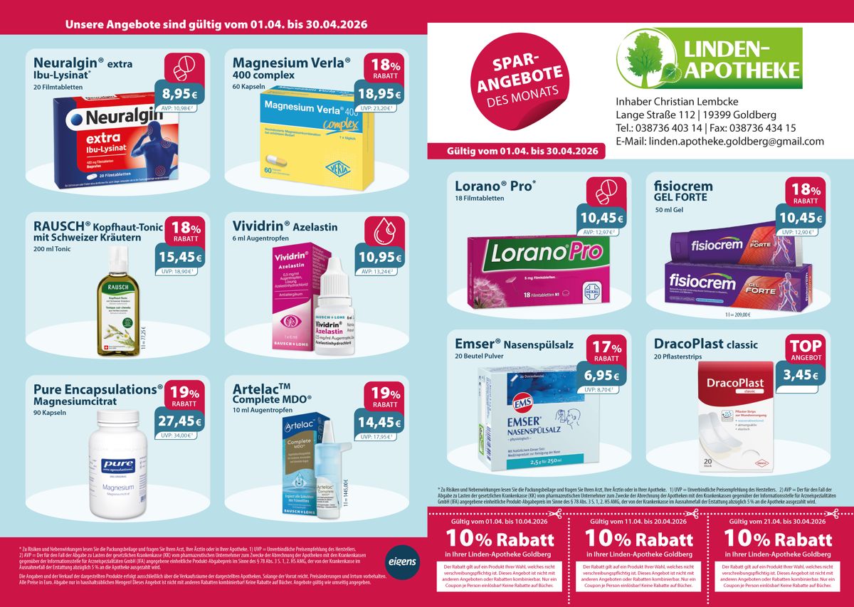 Monatsangebote der Linden-Apotheke Monatlicher Angebotsflyer der Apotheke mit Informationen zu Öffnungszeiten, Leistungen, Aktionen und wechselnden Produkten aus Gesundheit und Pflege.