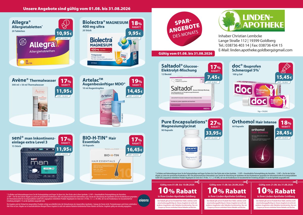 Monatsangebote der Linden-Apotheke Monatlicher Angebotsflyer der Apotheke mit Informationen zu Öffnungszeiten, Leistungen, Aktionen und wechselnden Produkten aus Gesundheit und Pflege.
