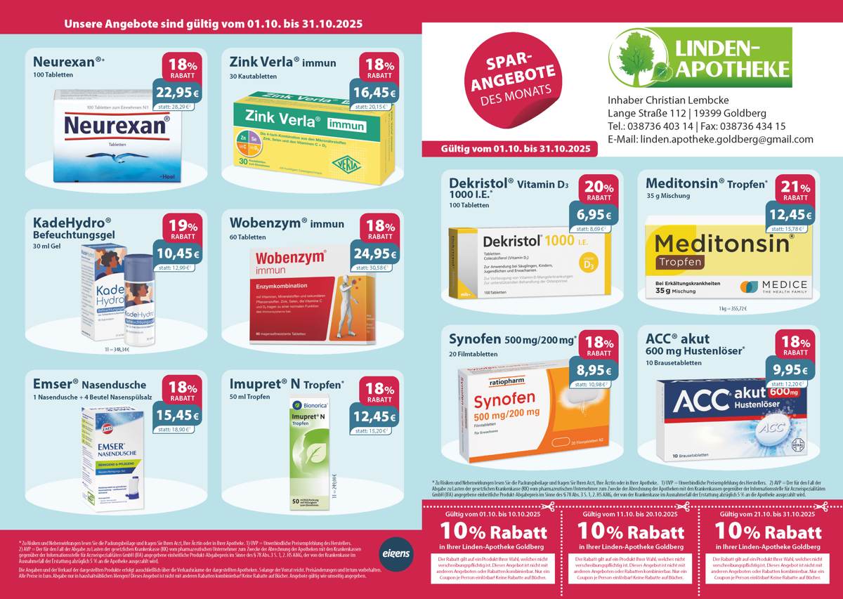 Aktuelle Monatsangebote Ihrer Apotheke Monatlicher Angebotsflyer der Apotheke mit Informationen zu Öffnungszeiten, Leistungen, Aktionen und wechselnden Produkten aus Gesundheit und Pflege.
