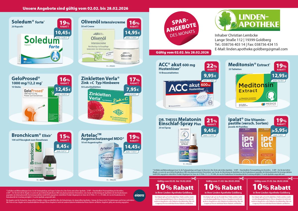 Monatlicher Angebotsflyer der Apotheke mit Informationen zu Öffnungszeiten, Leistungen, Aktionen und wechselnden Produkten aus Gesundheit und Pflege.