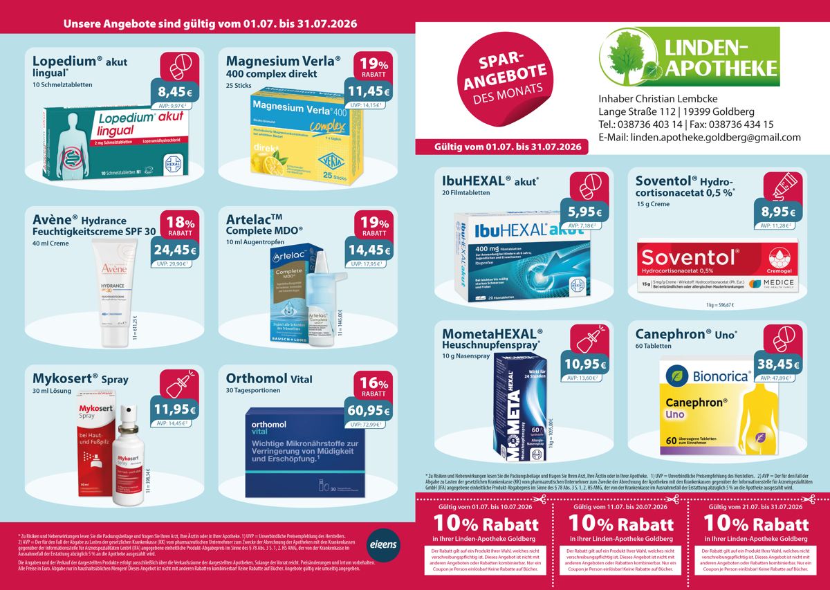 Monatlicher Angebotsflyer der Apotheke mit Informationen zu Öffnungszeiten, Leistungen, Aktionen und wechselnden Produkten aus Gesundheit und Pflege.