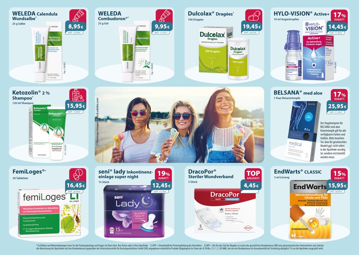 Aktuelle Monatsangebote Ihrer Apotheke Monatlicher Angebotsflyer der Apotheke mit Informationen zu Öffnungszeiten, Leistungen, Aktionen und wechselnden Produkten aus Gesundheit und Pflege.
