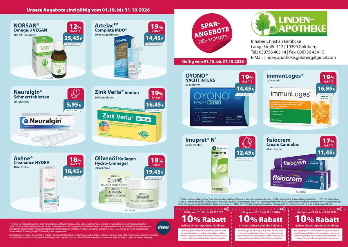 Monatsangebote der Linden-Apotheke Monatlicher Angebotsflyer der Apotheke mit Informationen zu Öffnungszeiten, Leistungen, Aktionen und wechselnden Produkten aus Gesundheit und Pflege.