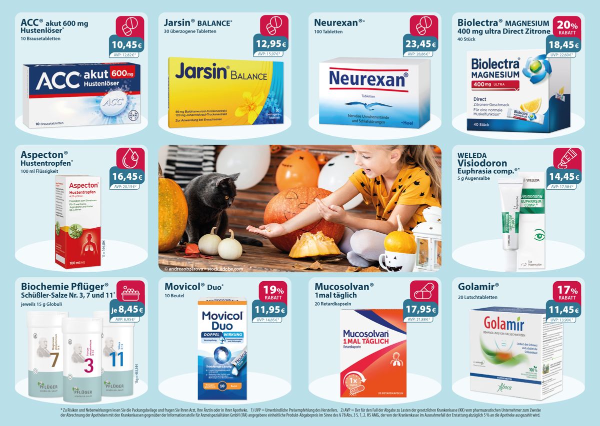 Monatlicher Angebotsflyer der Apotheke mit Informationen zu Öffnungszeiten, Leistungen, Aktionen und wechselnden Produkten aus Gesundheit und Pflege.